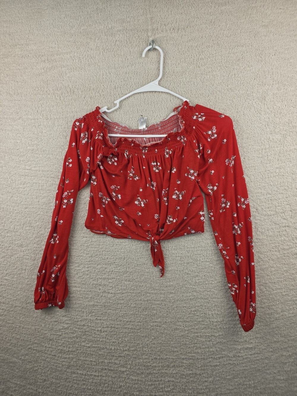 Divided H&M Women's Red Floral Off-The-Shoulder Long Sleeve Tie-Front Crop Top M